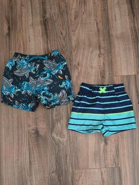 Blue Shark Print Swim Shorts 12 Months and Teal Stripe Swim Trunks 9-12 Months